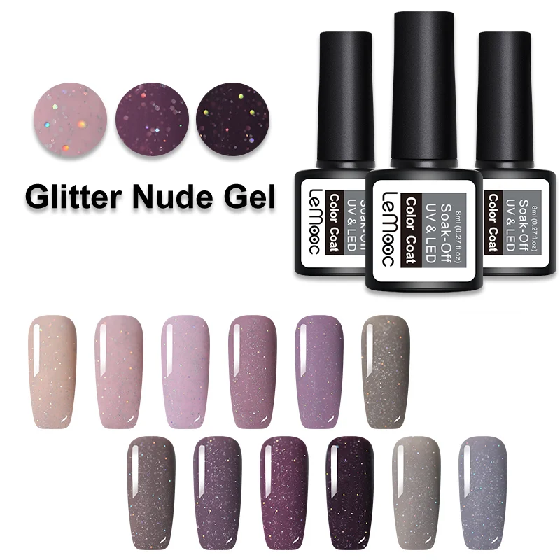 LEMOOC 8 مللي سلسلة هلام البولندية الأرجواني رمادي بريق هلام 12 الألوان نقع معطلة جل UV الورنيش مسمار الفن مانيكير تصميم