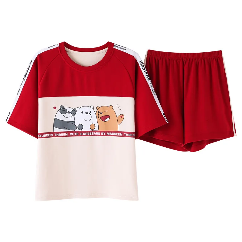 

Fashion Color Block Women Cotton Pajama Set Korean Loose 2019 Summer Cartoon Bear Elastic Waist Sleepwear Lounge pyjamas S93213