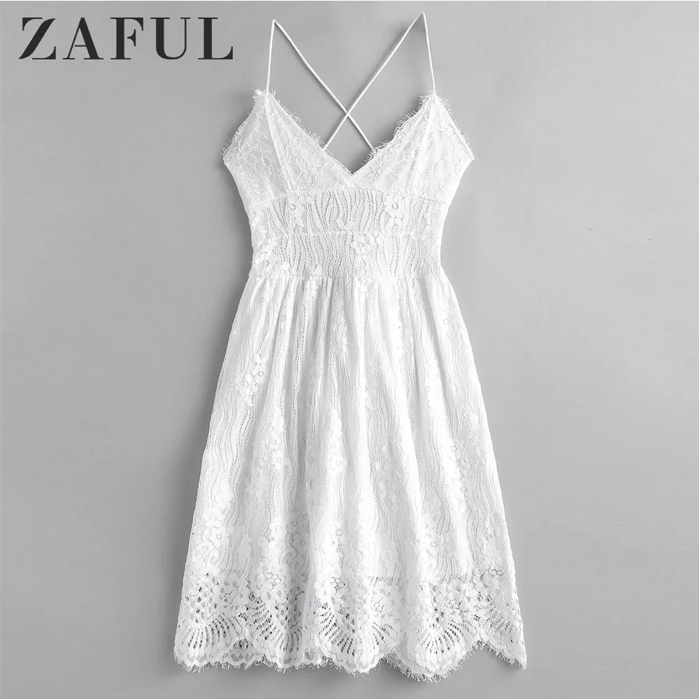 Женское кружевное мини платье на бретельках ZAFUL летнее трапециевидной формы без