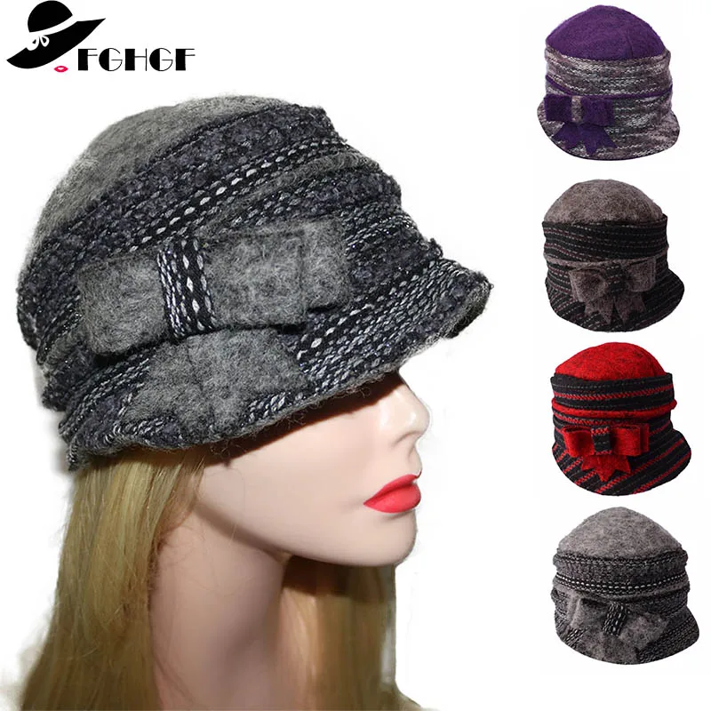 

Women's Thick Winter Hats Super Warm Pure Wool Cap Ladies Cloche Bucket Fedoras Hat Wrinkled Beanie Cap With Elegant Bow