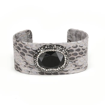 

pave rhinestone oval black obsidian stone bead charm adjustable dark grey leather wide wrapped open bangle cuff for women