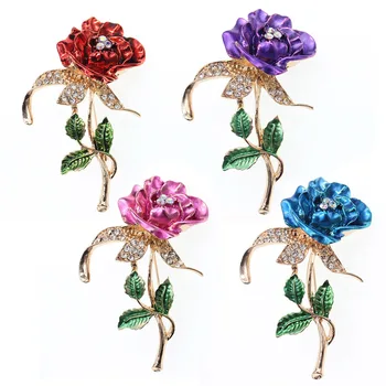 

red rhinestone rose Flower Corsage Scarf Pins and Brooches pin Created gold tone enamel Valentine's Day safety pin Brooch
