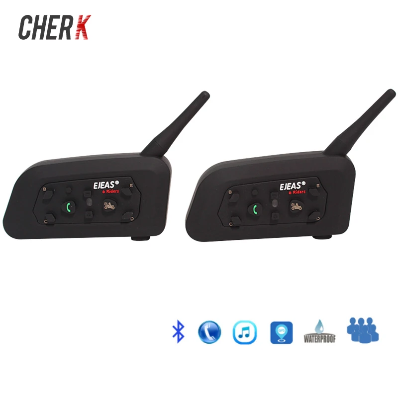

Cherk 2PCS Motorcycle Black Universal Intercom Helmet Headset Over 1000M 6 Riders Waterproof Communicator Interphone