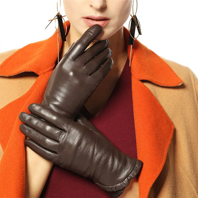 Осенне-зимние женские перчатки из натуральной кожи, женские модные трендовые перчатки из козьей кожи с теплой бархатной подкладкой, перчатки для вождения L001NC - Цвет: Коричневый