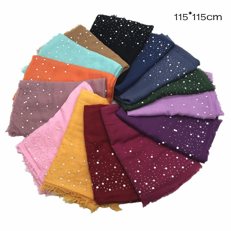 

Fashion Women Cotton Square Scarf Muslim Hijab Scarves White Pearls Lady Plain Color Shawls Bandana Head Wraps Fringes 115*115cm