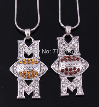 

New product 30pcs zinc alloy rhodium American football Mom Pave clear Crystal Pendant chain necklaces