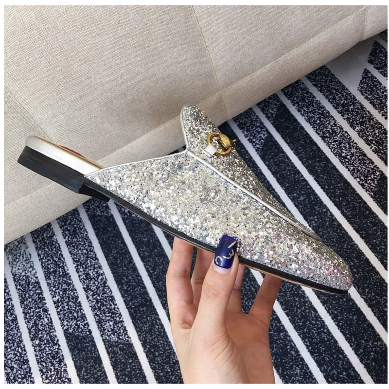 

Women Flat glisten Shoes Brand 2019 Fashion luxury women High quality genuine leather ladies slippers 35-41