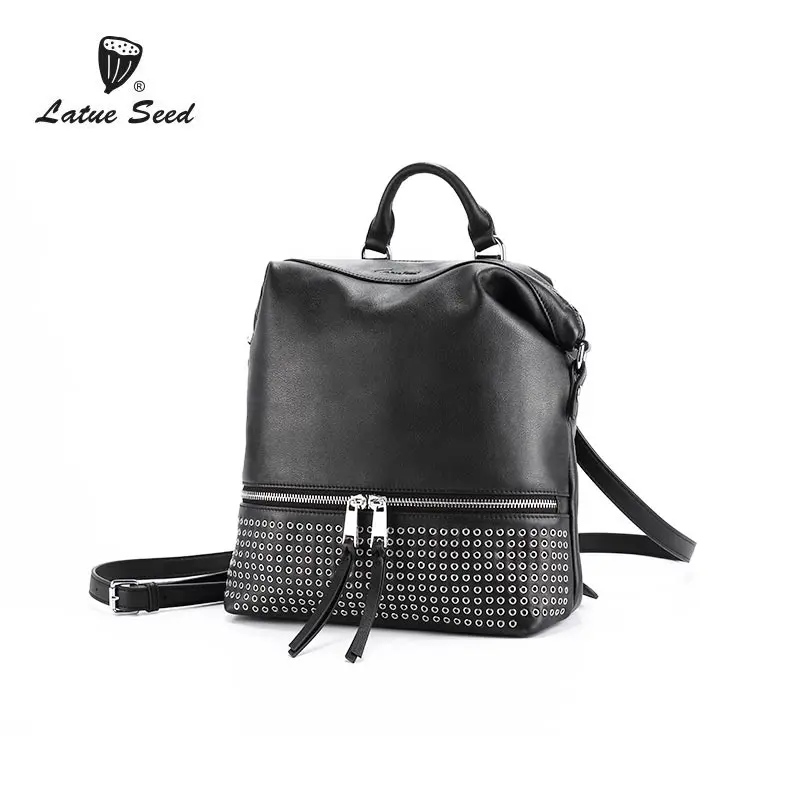 

Latue Seed Female Shoulder Bag 2018 New Rivet Genuine Leather Casual Backpack Diagonal Hanging Shoulder Bag Solid Black Backpack