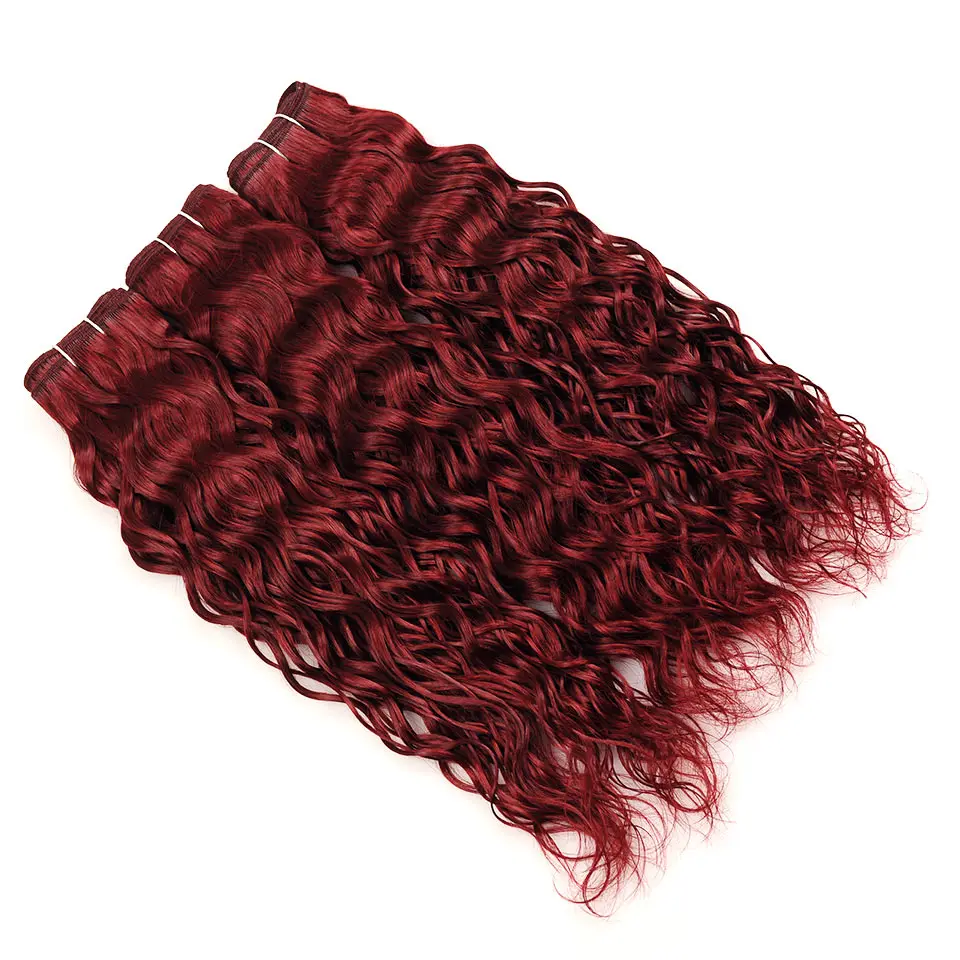 Bold Red Indian Water Wave Human Hair 3 Bundles With Lace Closure Pinshair Hair Non Remy Burgundy 99J Wet Wavy Hair Pre-Colored (2)