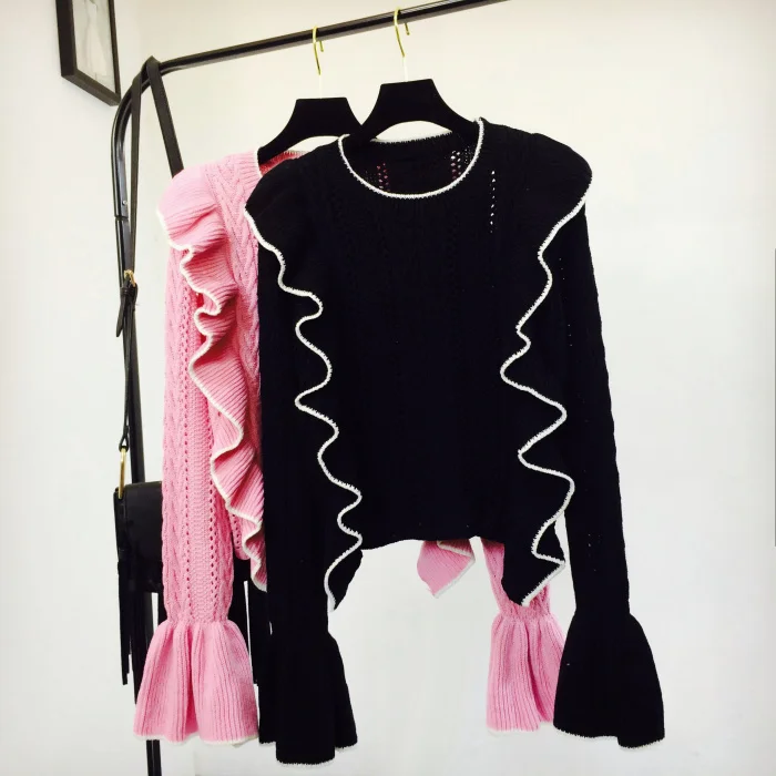 pullovers women sweater office lady computer knitted o-neck butterfly sleeve ruffles female Spring and autumn new sweet Sweaters