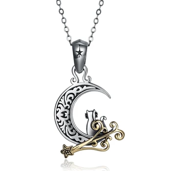 

Vintage 925 Sterling Silver Necklaces Punk Fashion Ancient Silver Lonly Cat on New Moon Pendant Necklaces for Women Party Choker