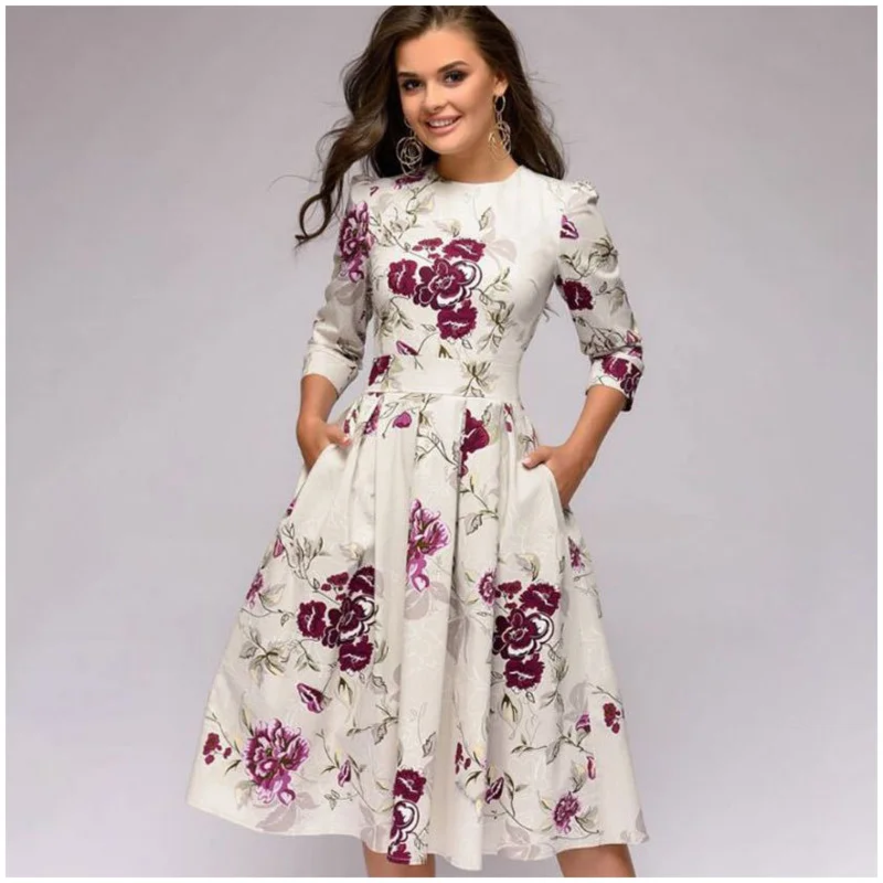 Осеннее винтажное платье, женское элегантное ТРАПЕЦИЕВИДНОЕ ПЛАТЬЕ, рукав три четверти, длина до колена, о-образный вырез, облегающее, с принтом, Ретро стиль, вечерние платья, 7 цветов - Цвет: YNL0146-White