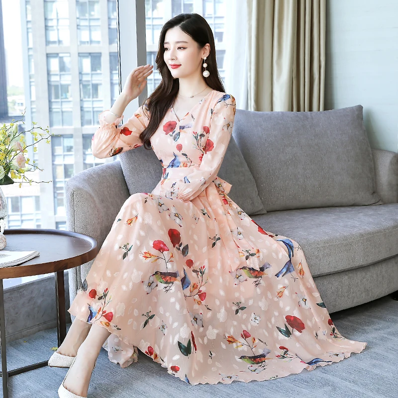 

2019 Autumn New Arrival High Quality Elegant Flower Printed Long Sleeve V Collar Woman Chiffon Long Dress