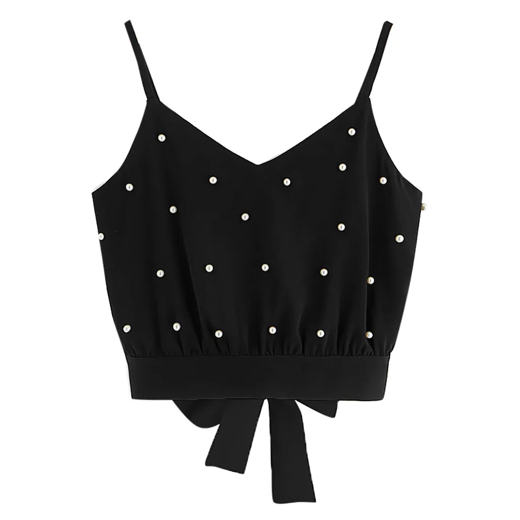 

Fashion Women Vest Chiffon Camisole Sleeveless Tops Solid Pearl Tank Top Crop Short Chalecos Mujer 35