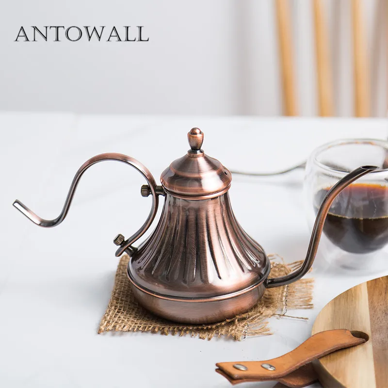 

ANTOWALL Bronze Hand punch coffee pot Italian Mocha household stainless steel drip style long mouth pot coffeeware utensils