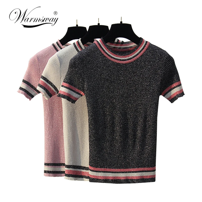2018 New Summer  lurex T-Shirt European Style black tinsel T Shirt Women Street Wear Striped Casual Tee Shirts B-054