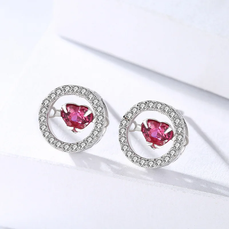 

Genuine 925 sterling silver East Gate Popular Jewelry Heart-shaped Red Crystal Beating Heart Similar Pure Silver Ear Nail
