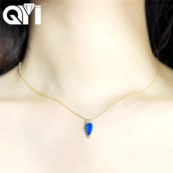 شراءQYI عقد ألماس للنساء 18 كيلو الذهب الأصفر جولة أوبال Natual الأزرق عقيق مُثبت الخطوبة الزفاف رابط سلسلة