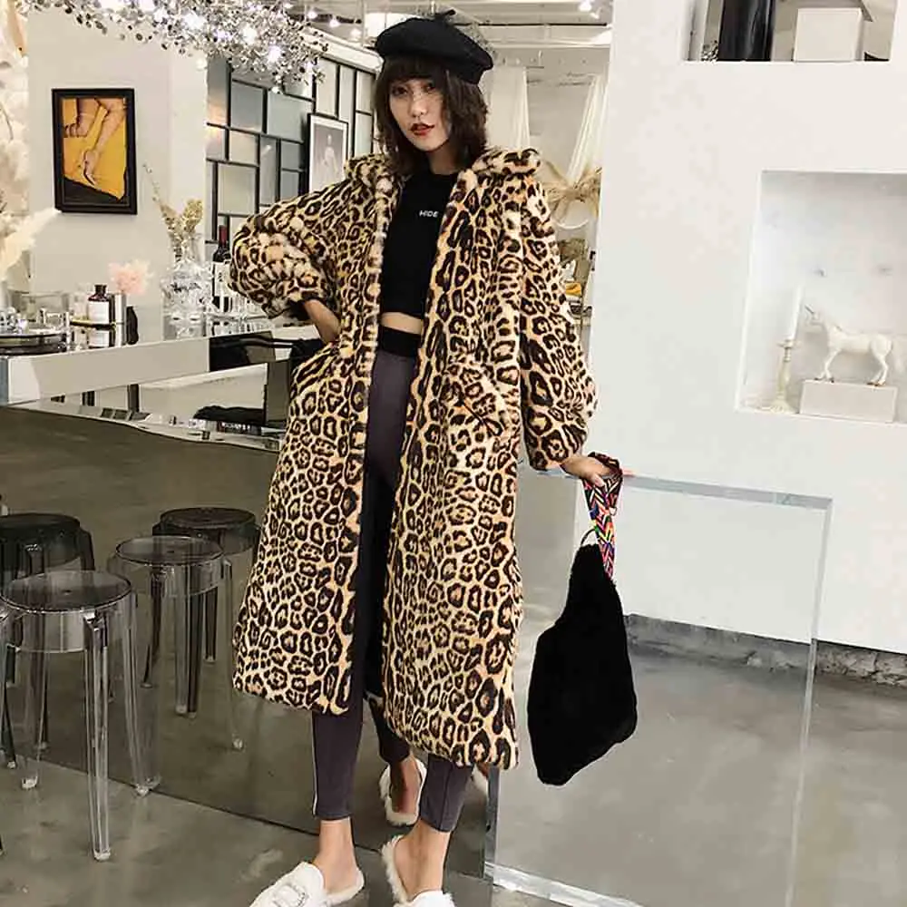 

ANSFX Stylish Leopard Hairy Shaggy Faux Mink Fur Jacket Lapel Outwear Long 2019 Winter Keep Warm Coat Loose Oversize Style Tops