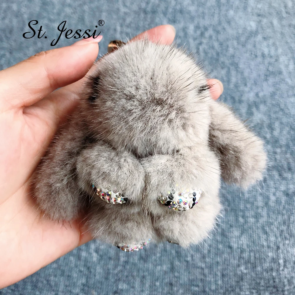 

ST.Jessi 2019 New 10cm Mini Real Mink Fur Cute Bunny Rabbit Keychain Crystal Style Ladys Girls Bag Car Key ring Pompon Pendant