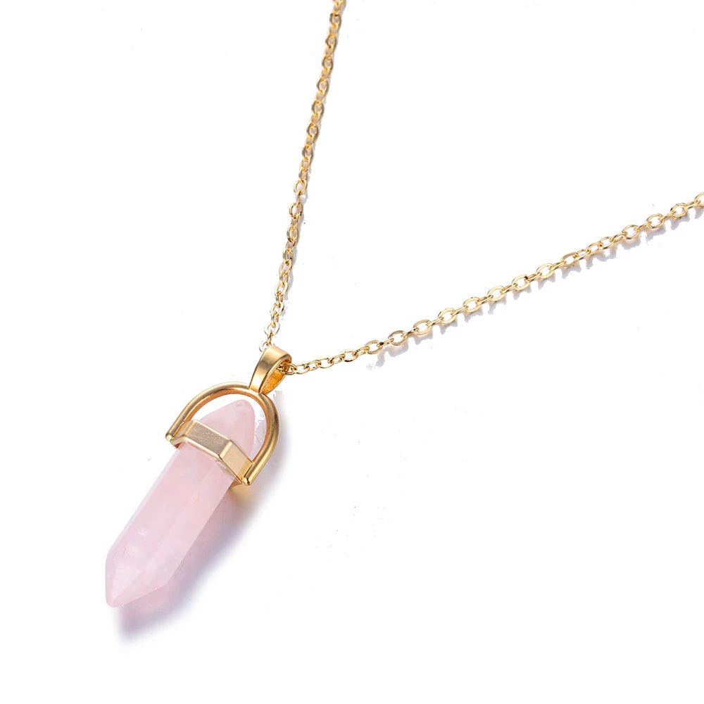 Мода Опал Камень hexagonal Колонка Кварцевые ожерелья натуральный розовый кристалл кулон ожерелье массивные богемные ювелирные изделия для женщин