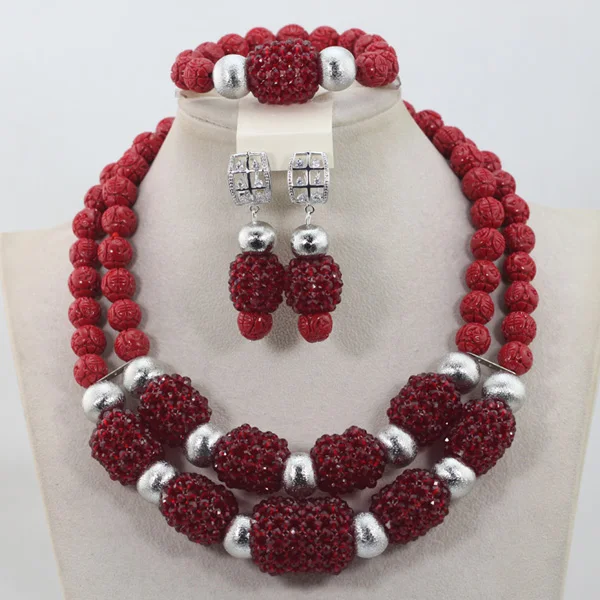 Burgundy Wine Women Crystal Pendant Necklace Set African Fashion