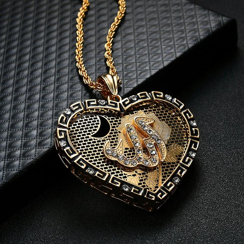 New Punk Geometric Round Waterdrop Heart Allah Necklaces Pendant For Women Men Crystal Long Necklace Arab Muslim Islam Jewelry