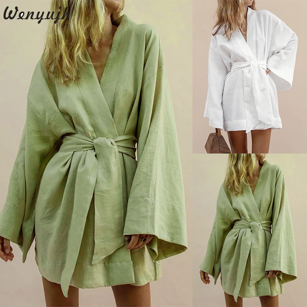 

Wenyujh Women Summer Sexy Dress V-Neck Kimono Cardigan Mini Dress Long Sleeve Sashes Lace High Waist Loose Dress Women Vestidos