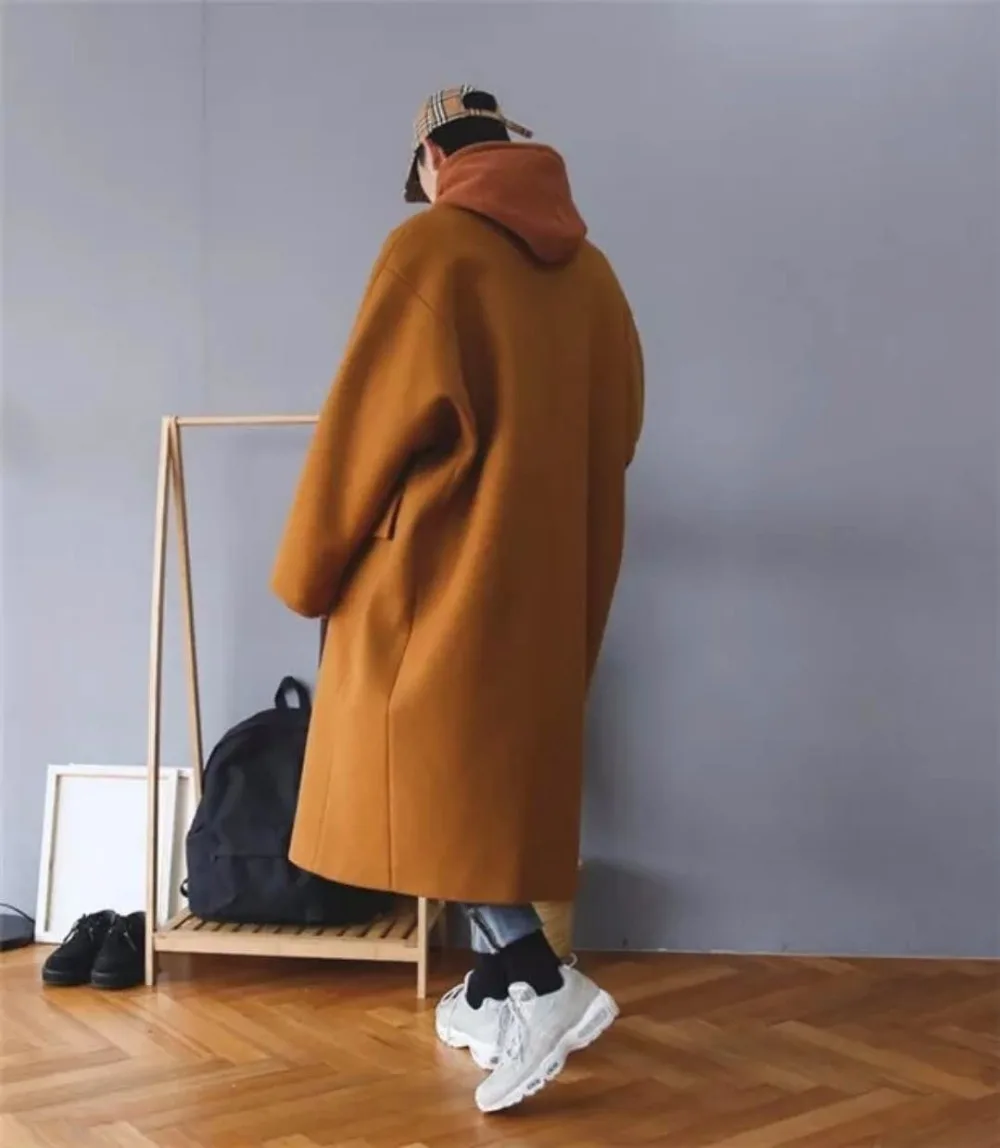 Мужское модное повседневное шерстяное пальто свободного кроя большого размера
