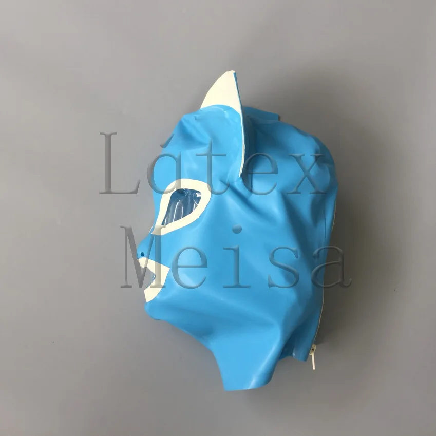 

Latex masks adults cat rubber hoods open mouth eyes and nostrils in sky blue color with back zip