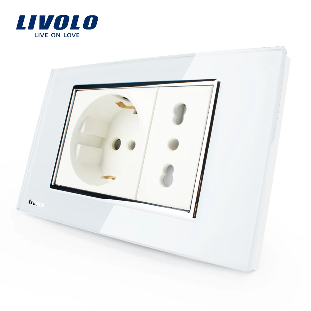 Livolo Italian Socket, White/Black Crystal Glass, 10A/16A, 250V, Wall