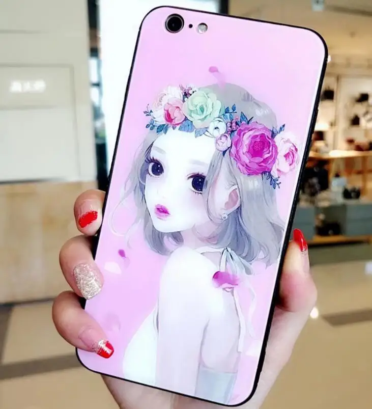 

DOYAEL Cute Cartoon Girl Cases Colorful Phone Case for iphone X 6 6S 7 8 Plus Capa Luxury Tempered Glass Back Cover