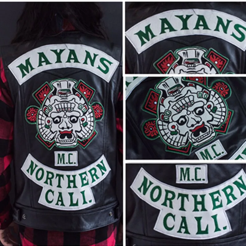 2018 ТВ Mayans.MC мотоциклетный клубный жилет куртка с вышивкой кожаный черный Панк
