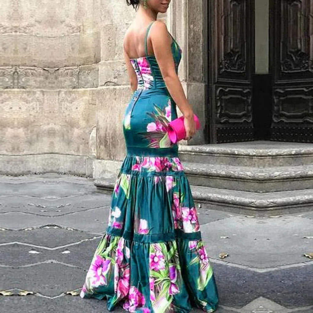 Женское летнее платье с принтом, женское элегантное платье макси без рукавов с v-образным вырезом, Клубное платье abito cerimonia donna, спагетти ремень sukienki