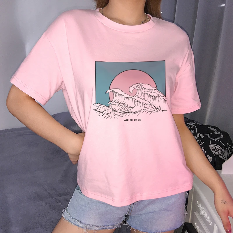 Новая розовая футболка с принтом волны океана в стиле Харадзюку, эстетическая одежда в японском стиле Ukiyoe, летняя простая модная уличная одежда, футболки, топы