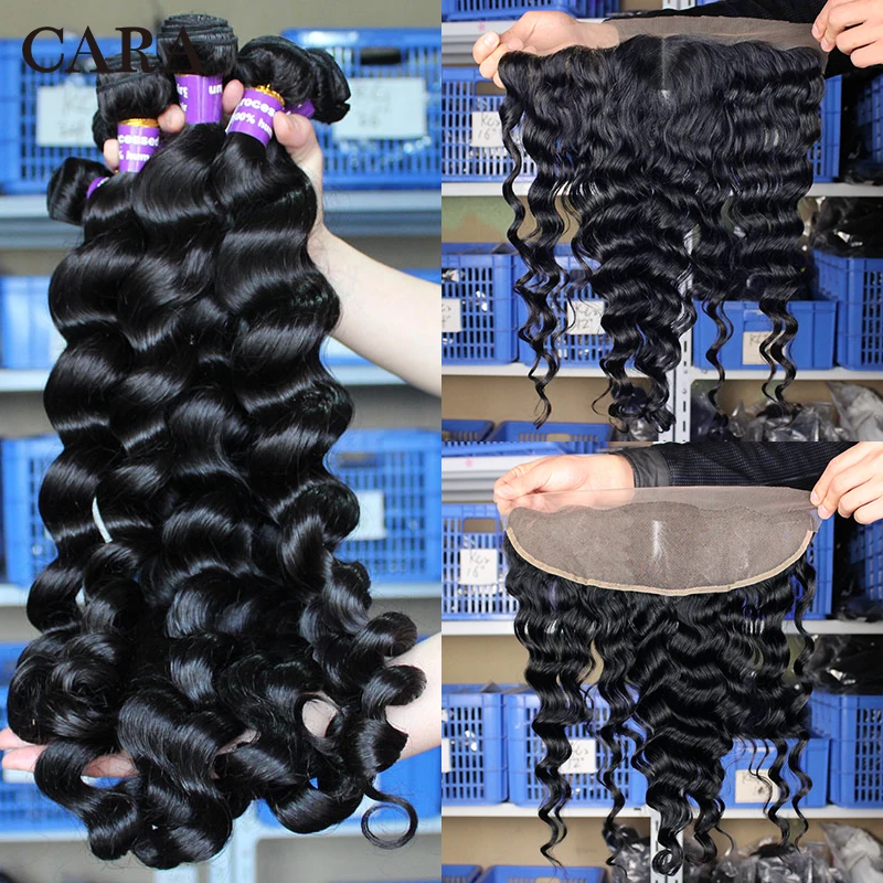 Loose Wave Bundles With Frontal Closure 3 Brazilian Hair Weave Bundles With Closure 4 Pieces/Lot Remy Human Hair 13x4 Lace CARA