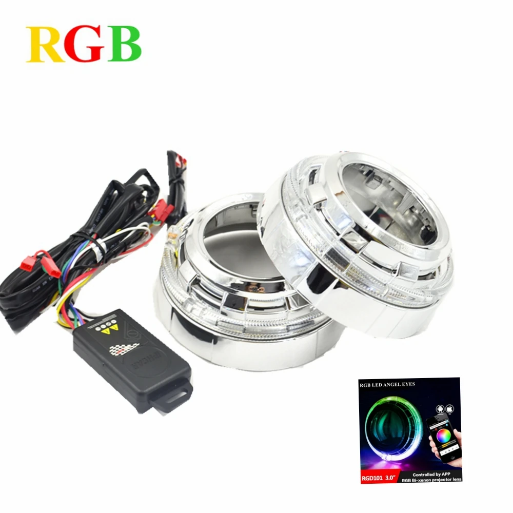 

2pcs hid Bixenon projector lens led angel eyes shrouds kit Bluetooth APP Control RGB LED Angel Eyes Color-changing mask