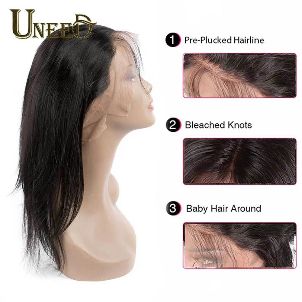 Uneed Hair Pre Plucked 360 Lace Frontal With Bundle Peruvian Straight Hair Bundles With Frontal Human Hair Bundles With Closure