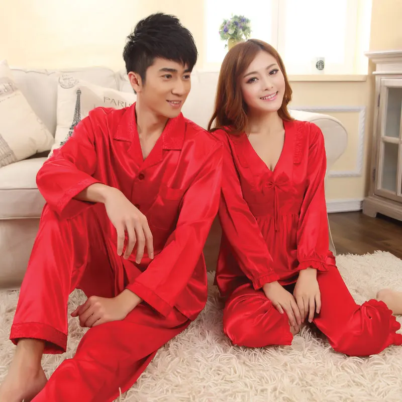 Весеннее Новое поступление, женская и Мужская атласная пижама, ночная рубашка с длинными рукавами, комплект из двух предметов, дышащие пижамы с v-образным вырезом большого размера