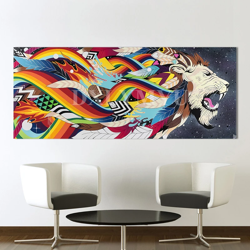 HDARTISAN-Wall-Art-Colorful-Lion-King-Feather-Rainbow-Oil-Painting-Home-Decor-Canvas-Pictures-For-Living