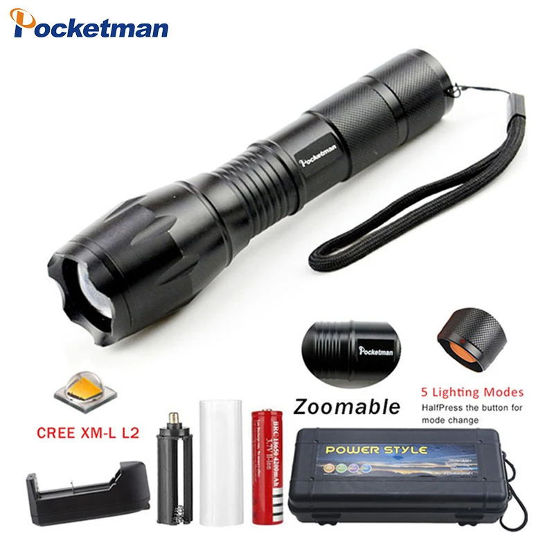 

XM-L T6/L2 8000LM Aluminum Waterproof Zoomable LED Flashlight Torch light for 18650 Rechargeable Battery or AAA z20