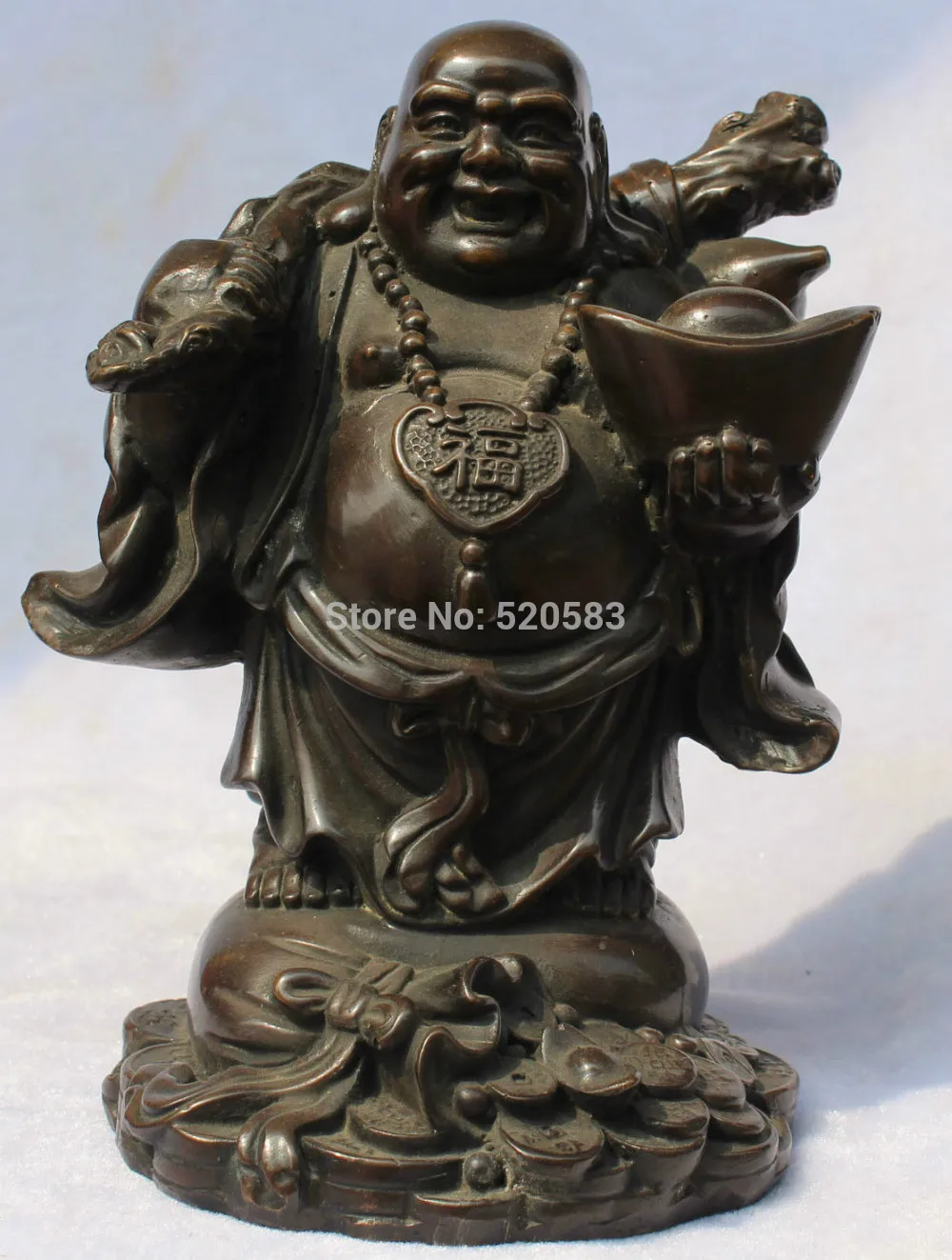 

free 18CM China Tibetan Bronze Happy Laugh Maitreya hold Yuanbao Money Buddha Statue fast