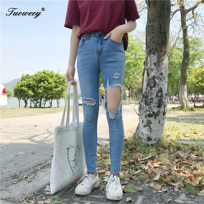 

Hole Ripped Jeans sexy Women Boyfriend Denim Vintage High Elastic Waist Casual Pants Female Slim Pencil Pant Plus Size trousers