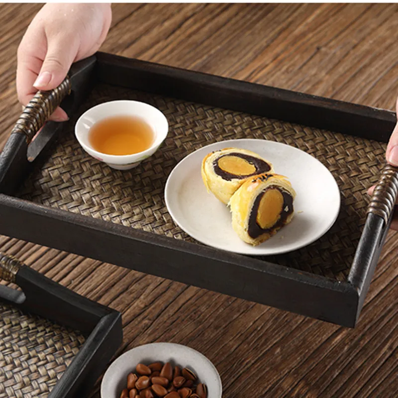 

Wood Decorative Dice Tray Japanese Style Rattan Tea Wooden Tray Serving Platter Sunum Tepsi Storage Tray