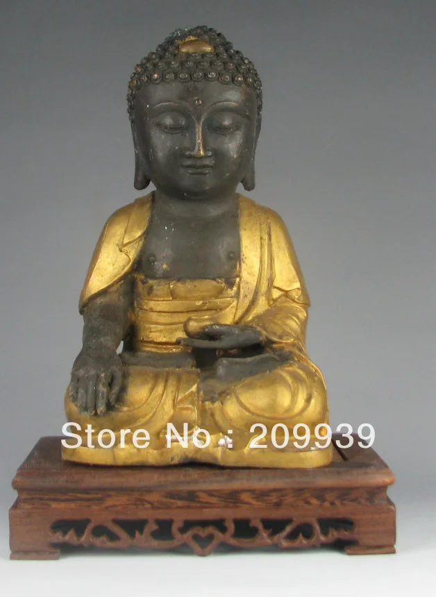

00517 Old China gilt bronze carved sitting buddha statue free stand