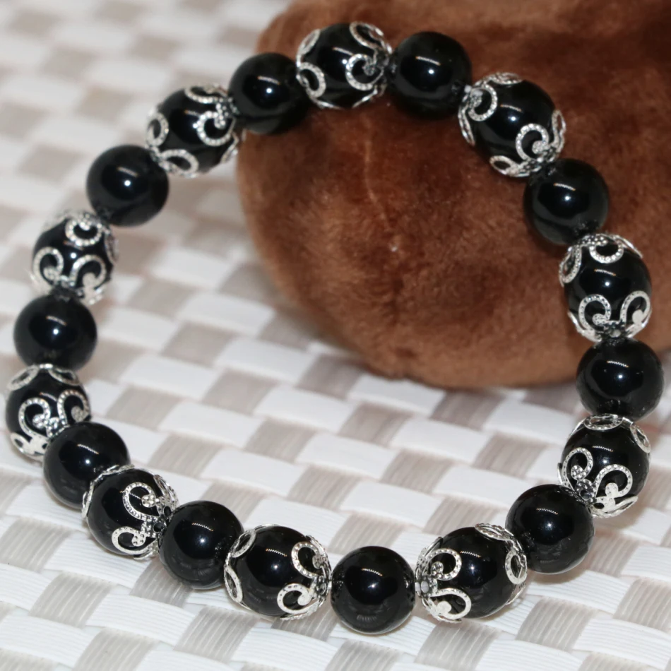 

Silver-color spacer accessories black round agat stone carnelian onyx beads 8mm bracelet women high grade jewelry 7.5inch B2177