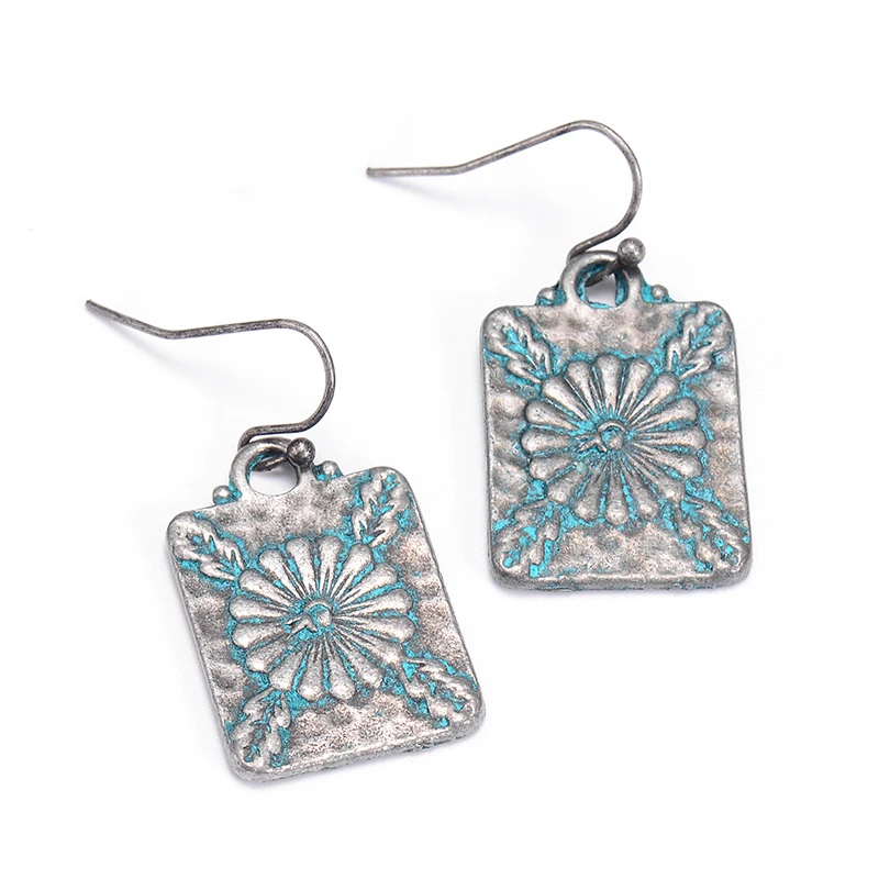 

Summer Style Antique Silver Color Square Drop Earrings Vintage Totem Pattern Ethnic Dangle Earring Fashion Jewelry For Women