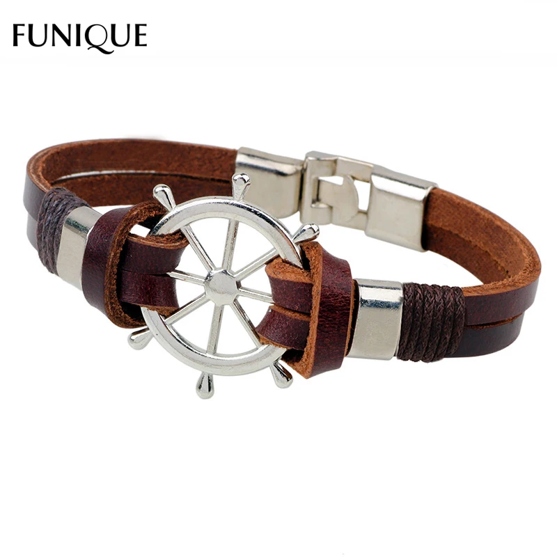 

FUNIQUE Brown Sea Navigation Anchor Leather Bracelets For Men Punk Rock Wrap Bracelets Friendship Buckle Bracelets Woman