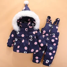 Зимние костюмы для детей 0-4 лет, лыжный костюм для девочек, 2 предмета, теплый пуховик с бантом+ плотный комбинезон, детская одежда в горошек, Z302