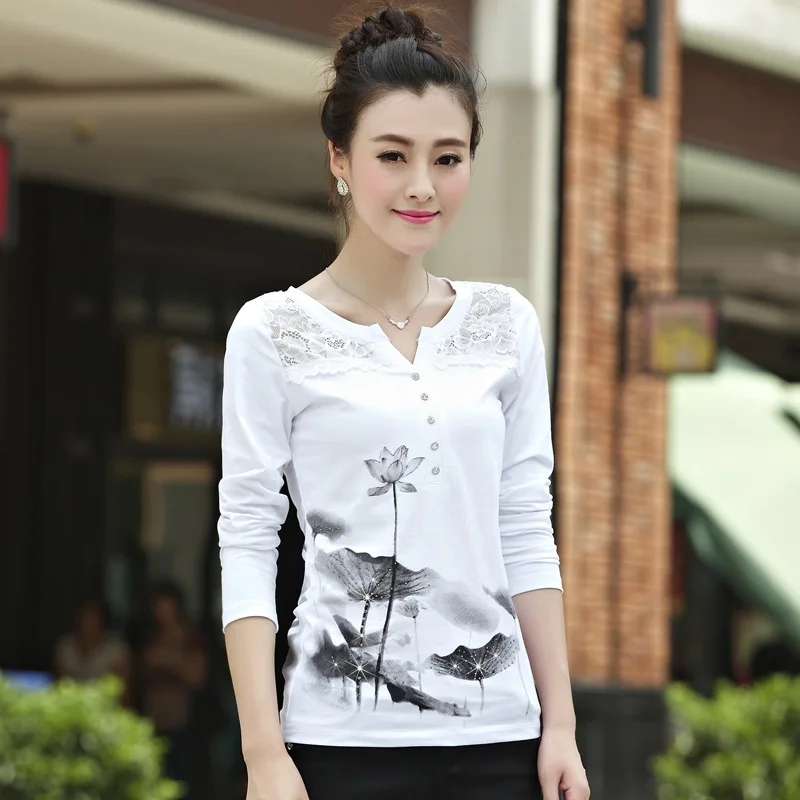 Shintimes Poleras Mujer 2018 Korean Long Sleeve Shirt Women Vintage T Shirt Tee Shirt Femme Cotton Diamonds Lace T-Shirt Women